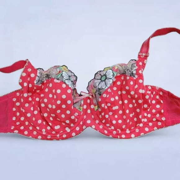 Debenhams Pink Polka Dot Bra with Floral Lace Accent - Size 30F - Picture 1 of 5